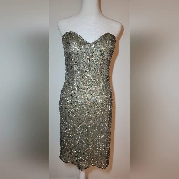 Scala Sequin 100% Real Silk Beaded Mini Dress Sz L Strapless - Picture 7 of 15